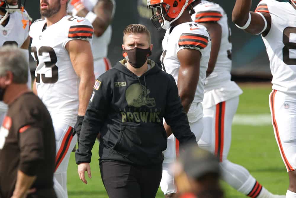 Callie Brownson, who is serving as the interim tight ends coach for the Cleveland Browns, looks on before the game between the Cleveland Browns and the Jacksonville Jaguars on November 29, 2020 at TIAA Bank Field in Jacksonville, Fl.