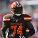 Cleveland Browns offensive lineman Chris Hubbard (74) during the first half of an NFL game between the Cleveland Browns and the Tampa Bay Bucs on October 21, 2018, at Raymond James Stadium in Tampa, FL.