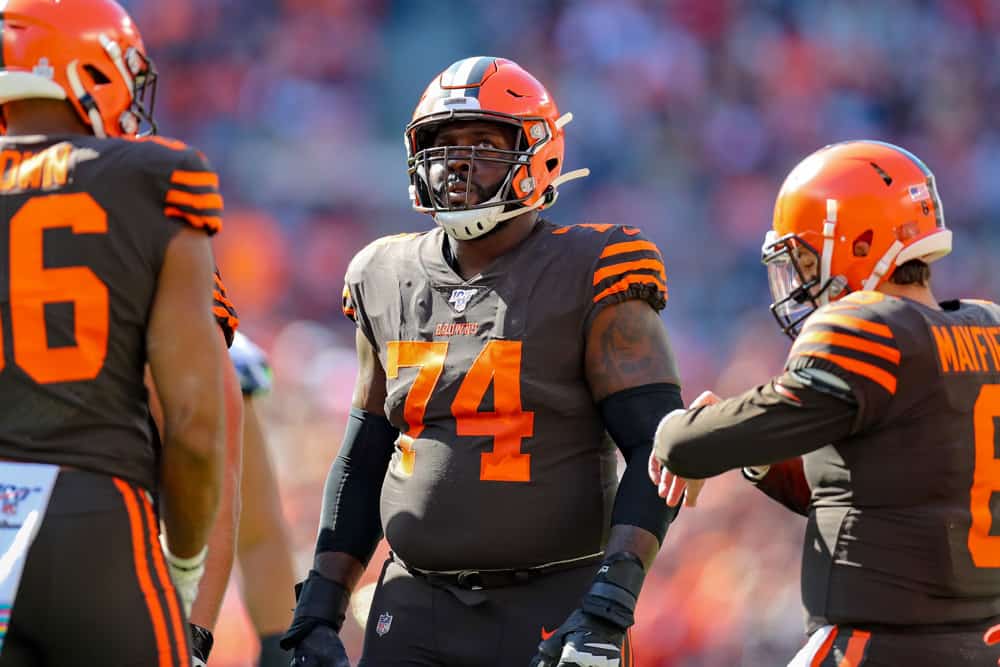 Cleveland Browns offensive tackle Chris Hubbard (74) in the huddle during the first quarter of the National Football League game between the Seattle Seahawks and Cleveland Browns on October 13, 2019, at FirstEnergy Stadium in Cleveland, OH.