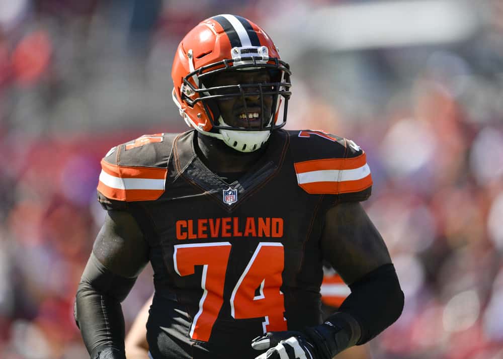 Cleveland Browns offensive lineman Chris Hubbard (74) during the first half of an NFL game between the Cleveland Browns and the Tampa Bay Bucs on October 21, 2018, at Raymond James Stadium in Tampa, FL.