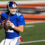 New York Giants quarterback Colt McCoy (12) warms up before the game against the New York Giants and the Cincinnati Bengals on November 29, 2020, at Paul Brown Stadium in Cincinnati, OH.
