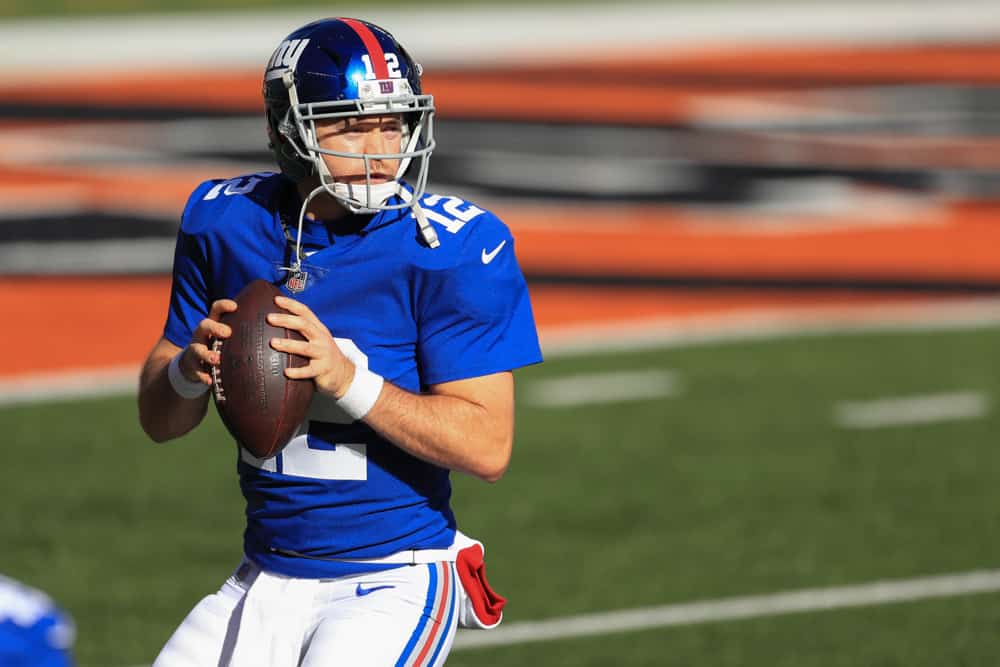 New York Giants quarterback Colt McCoy (12) warms up before the game against the New York Giants and the Cincinnati Bengals on November 29, 2020, at Paul Brown Stadium in Cincinnati, OH.