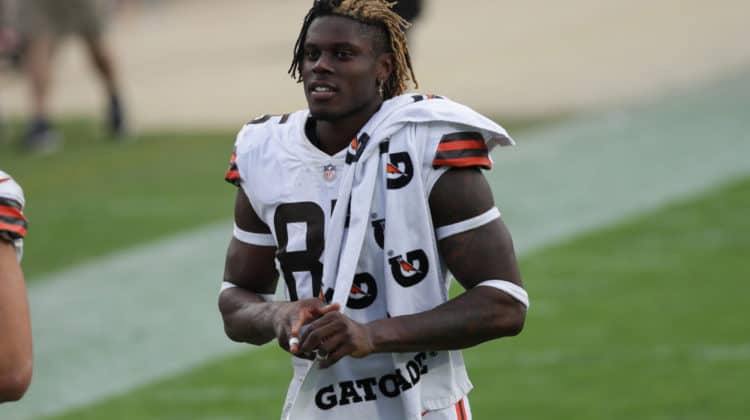 Cleveland Browns Tight End David Njoku (85) during the game between the Cleveland Browns and the Jacksonville Jaguars on November 29, 2020 at TIAA Bank Field in Jacksonville, Fl.