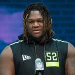Georgia offensive lineman Isaiah Wilson answers questions from the media during the NFL Scouting Combine on February 26, 2020 at the Indiana Convention Center in Indianapolis, IN.