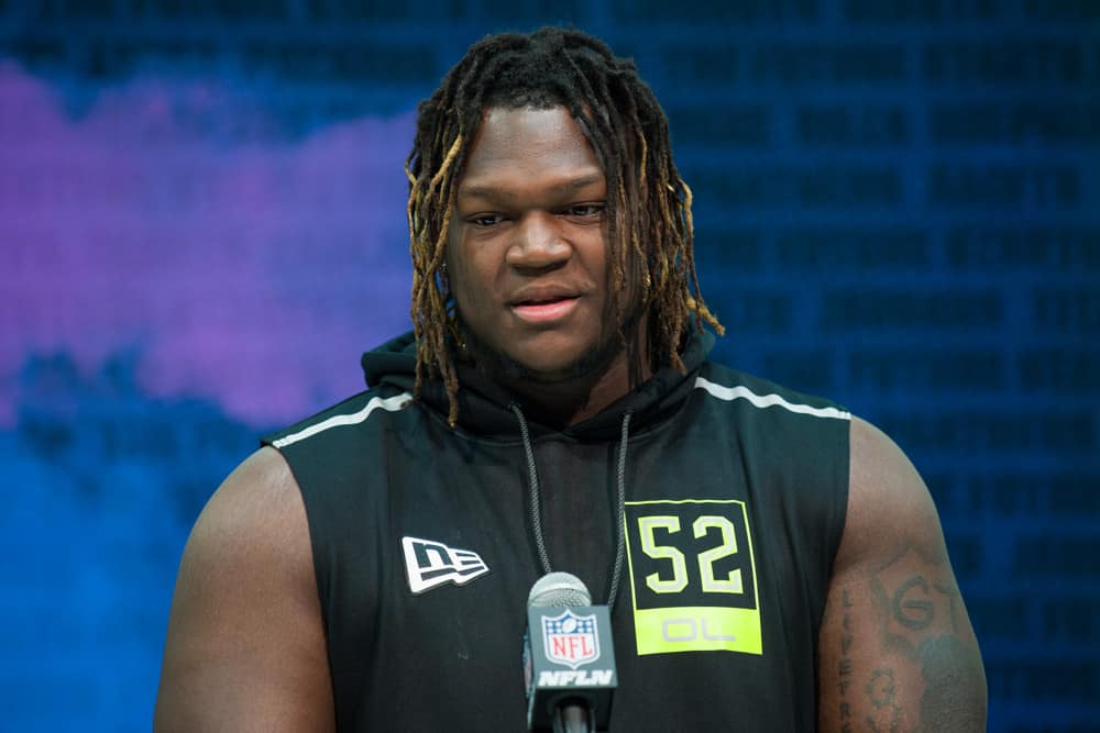 Georgia offensive lineman Isaiah Wilson answers questions from the media during the NFL Scouting Combine on February 26, 2020 at the Indiana Convention Center in Indianapolis, IN.