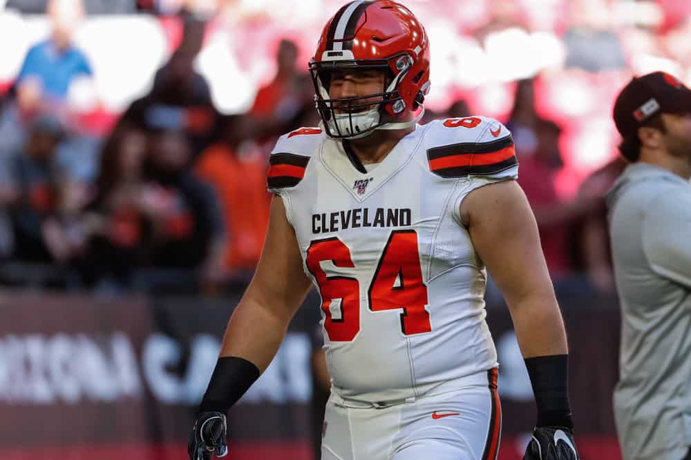 Cleveland Browns center JC Tretter (64) looks on before the NFL football game between the Cleveland Browns and the Arizona Cardinals on December 15, 2019 at State Farm Stadium in Glendale, Arizona.