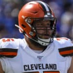 Cleveland Browns offensive guard Joel Bitonio (75) warms up prior to the game against the Baltimore Ravens on September 29, 2019, at M&T Bank Stadium in Baltimore, MD.