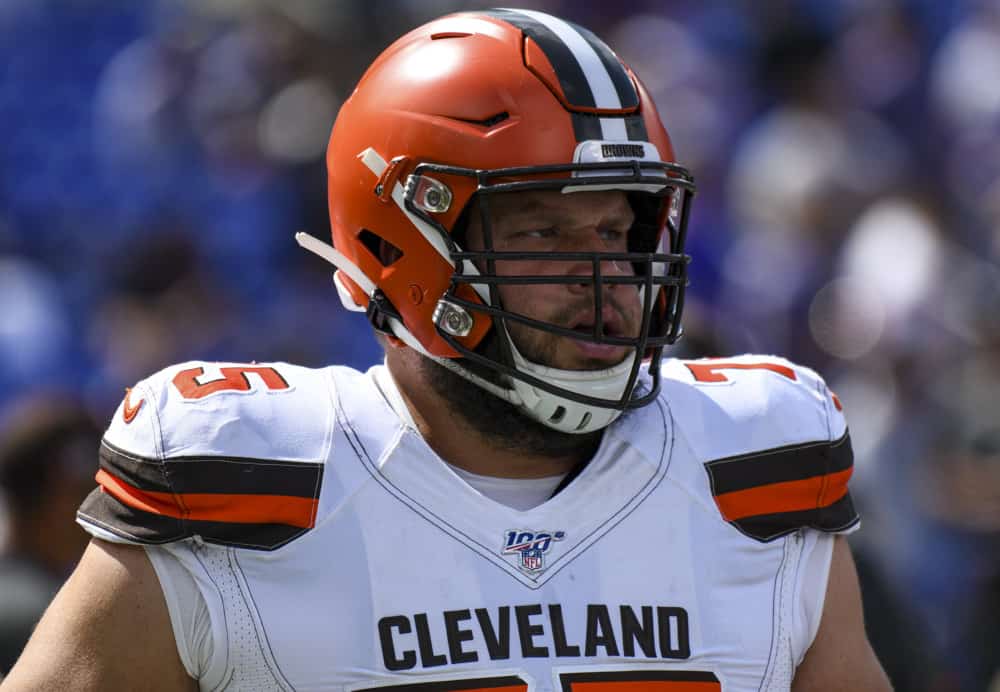 Cleveland Browns offensive guard Joel Bitonio (75) warms up prior to the game against the Baltimore Ravens on September 29, 2019, at M&T Bank Stadium in Baltimore, MD.