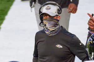 Baltimore Ravens head coach John Harbaugh looks on in action during a NFL game between the Indianapolis Colts and the Baltimore Ravens on November 08, 2020 at Lucas Oil Stadium in Indianapolis, IN.