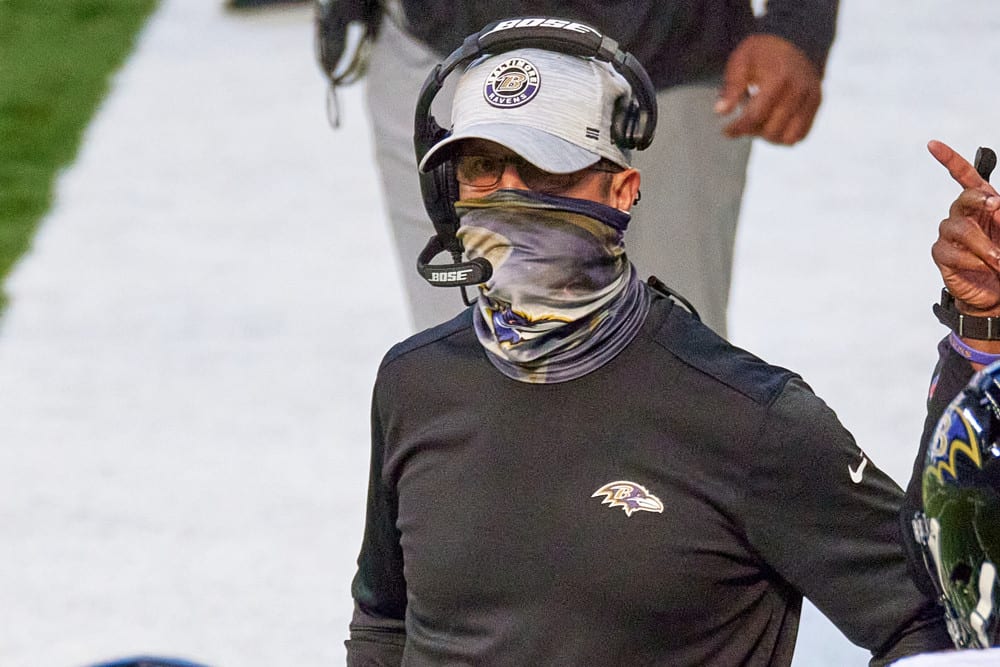 Baltimore Ravens head coach John Harbaugh looks on in action during a NFL game between the Indianapolis Colts and the Baltimore Ravens on November 08, 2020 at Lucas Oil Stadium in Indianapolis, IN. 