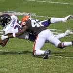 Baltimore Ravens running back Gus Edwards (35) make a reception against Cleveland Browns free safety Karl Joseph (42) on September 13, 2020, at M&T Bank Stadium in Baltimore, MD.