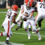 Cleveland Browns Quarterback Baker Mayfield (6) hands off to Cleveland Browns Running Back Nick Chubb (24) during the game between the Cleveland Browns and the Jacksonville Jaguars on November 29, 2020 at TIAA Bank Field in Jacksonville, Fl.