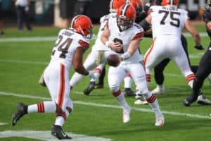 Cleveland Browns Quarterback Baker Mayfield (6) hands off to Cleveland Browns Running Back Nick Chubb (24) during the game between the Cleveland Browns and the Jacksonville Jaguars on November 29, 2020 at TIAA Bank Field in Jacksonville, Fl.