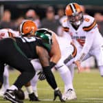 Cleveland Browns Quarterback Baker Mayfield (6) lines up under center during the National Football League game between the Cleveland Browns and the New York Jets on September 16, 2019 at MetLife Stadium in East Rutherford, NJ.