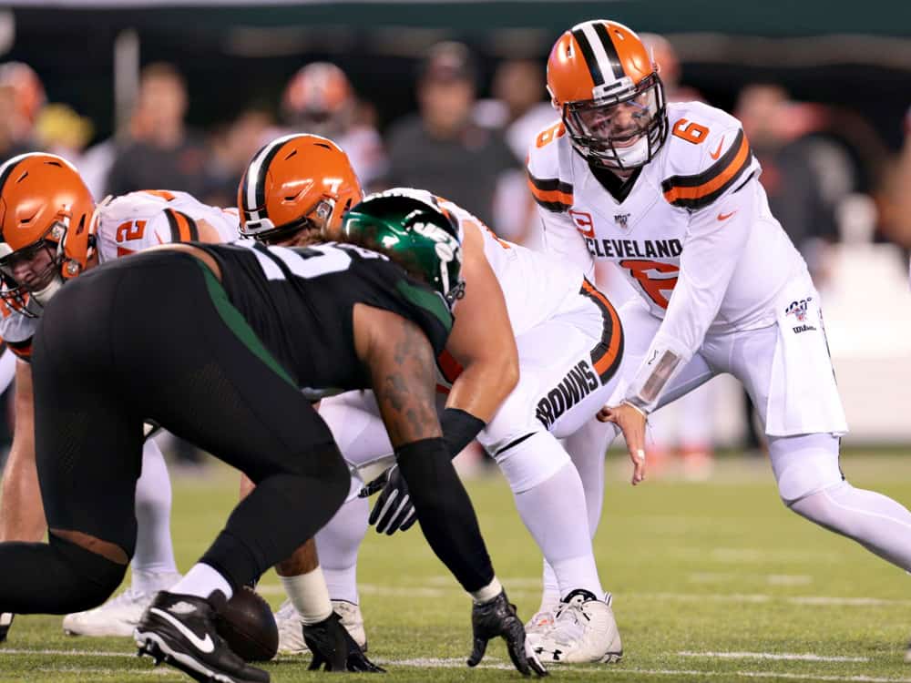 Cleveland Browns Quarterback Baker Mayfield (6) lines up under center during the National Football League game between the Cleveland Browns and the New York Jets on September 16, 2019 at MetLife Stadium in East Rutherford, NJ.