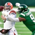 NY Jets defensive end JOHN FRANKLIN-MYERS (91) pressures Cleveland Browns quarterback BAKER MAYFIELD (6) during NFL action at MetLife Stadium. The Jets won, 23-16.