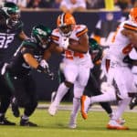 Cleveland Browns running back Nick Chubb (24) runs during the first quarter of the National Football League game between the New York Jets and the Cleveland Browns on September 16, 2019 at MetLife Stadium in East Rutherford, NJ.