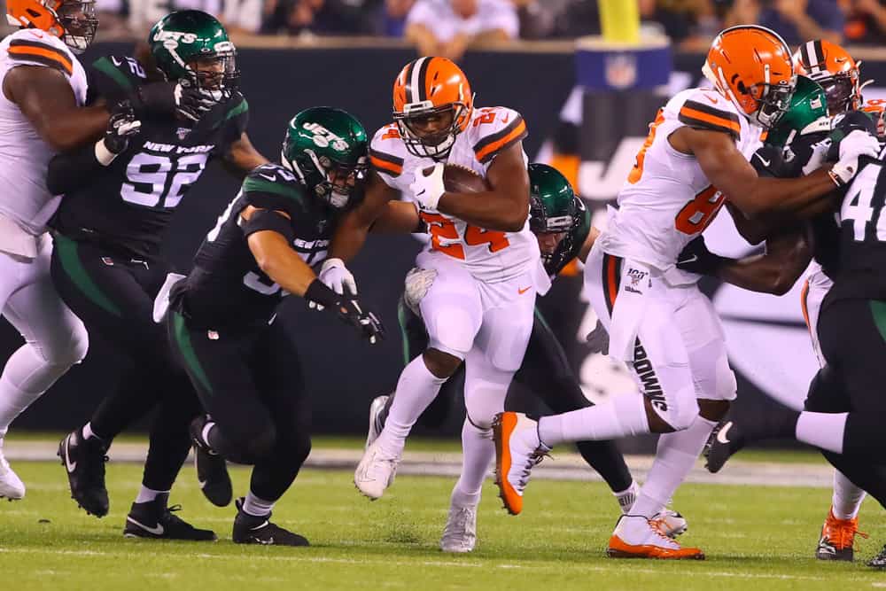 Cleveland Browns running back Nick Chubb (24) runs during the first quarter of the National Football League game between the New York Jets and the Cleveland Browns on September 16, 2019 at MetLife Stadium in East Rutherford, NJ.