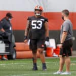 Cleveland Browns center Nick Harris (53) on the field during drills during the Cleveland Browns Training Camp on August 29, 2020, at the at the Cleveland Browns Training Facility in Berea, Ohio.