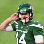 New York Jets Quarterback Sam Darnold (14) looks on during an NFL game between the New York Jets and the Los Angeles Rams on December 20, 2020, at SoFi Stadium in Inglewood, CA.