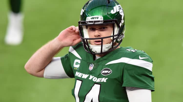 New York Jets Quarterback Sam Darnold (14) looks on during an NFL game between the New York Jets and the Los Angeles Rams on December 20, 2020, at SoFi Stadium in Inglewood, CA.