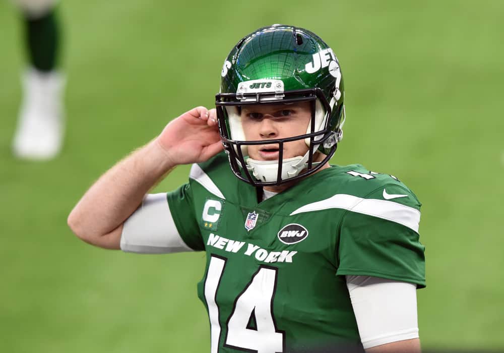 New York Jets Quarterback Sam Darnold (14) looks on during an NFL game between the New York Jets and the Los Angeles Rams on December 20, 2020, at SoFi Stadium in Inglewood, CA.