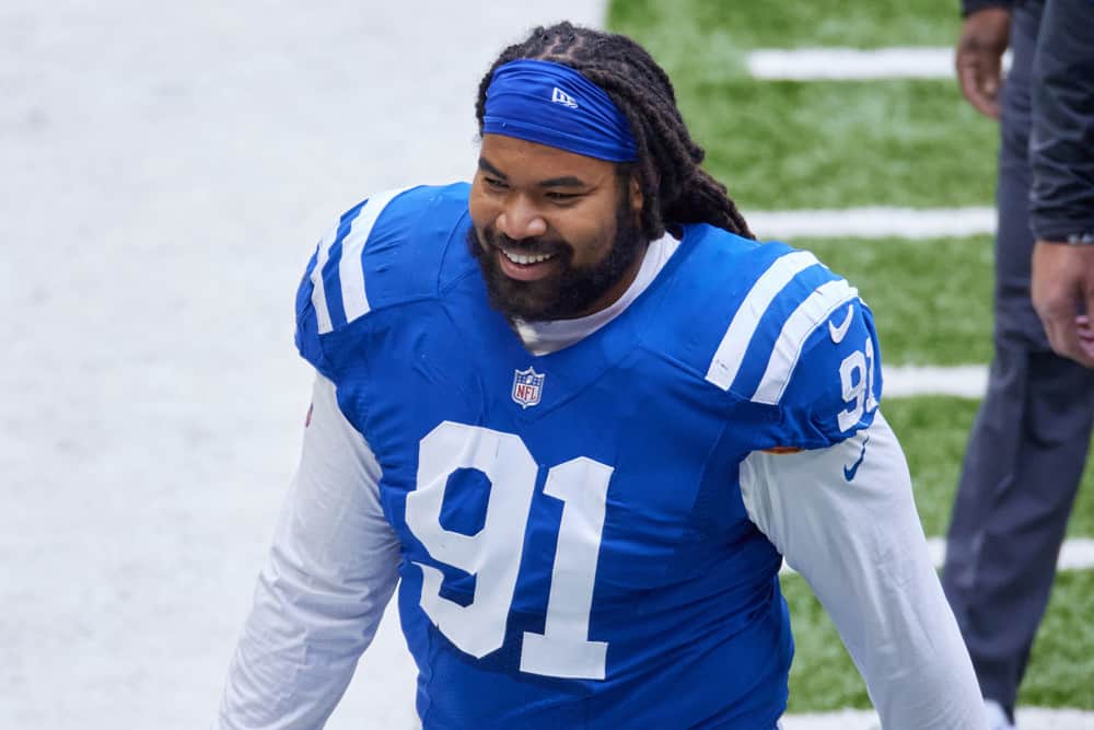 Indianapolis Colts Nose Tackle Sheldon Day (91) looks on in game action during a NFL game between the Indianapolis Colts and the Cincinnati Bengals on October 18, 2020, at Lucas Oil Stadium in Indianapolis, IN.