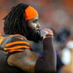 Cleveland Browns defensive tackle Sheldon Richardson (98) on the sideline prior to the National Football League game between the Los Angeles Rams and Cleveland Browns on September 22, 2019, at FirstEnergy Stadium in Cleveland, OH.