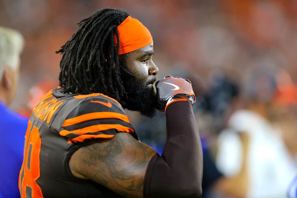 Cleveland Browns defensive tackle Sheldon Richardson (98) on the sideline prior to the National Football League game between the Los Angeles Rams and Cleveland Browns on September 22, 2019, at FirstEnergy Stadium in Cleveland, OH.