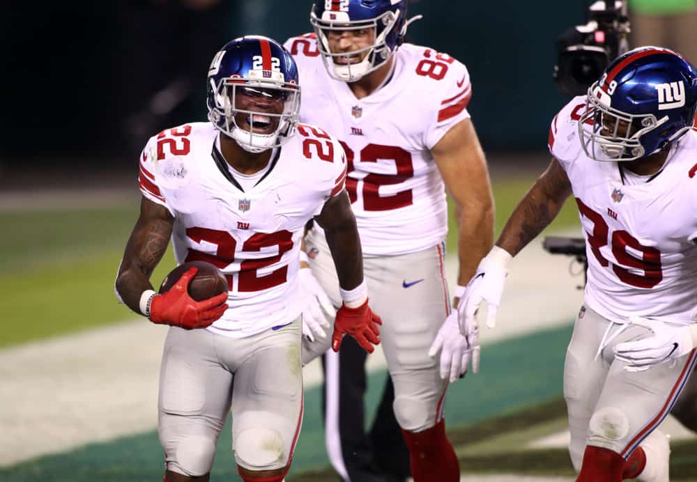 New York Giants Running Back Wayne Gallman (22) celebrates a touchdown in the second half during the game between the New York Giants and Philadelphia Eagles on October 22, 2020 at Lincoln Financial Field in Philadelphia, PA.