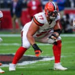 Cleveland Browns offensive guard Wyatt Teller (77) sets up for the play during the NFL football game between the Cleveland Browns and the Arizona Cardinals on December 15, 2019 at State Farm Stadium in Glendale, Arizona.