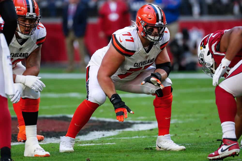 Cleveland Browns offensive guard Wyatt Teller (77) sets up for the play during the NFL football game between the Cleveland Browns and the Arizona Cardinals on December 15, 2019 at State Farm Stadium in Glendale, Arizona.