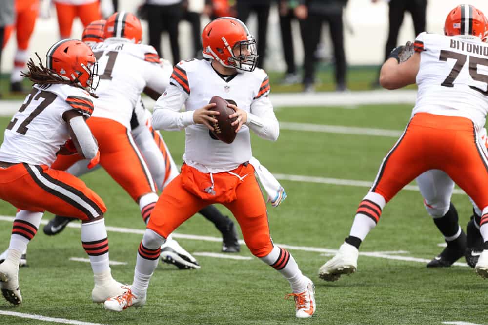 Cleveland Browns quarterback Baker Mayfield (6) looks to pass during the game against the Cleveland Browns and the Cincinnati Bengals on October 25, 2020, at Paul Brown Stadium in Cincinnati, OH.