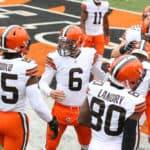 Cleveland Browns quarterback Baker Mayfield (6) reacts with his teammates after a Browns touchdown during the game against the Cleveland Browns and the Cincinnati Bengals on October 25, 2020, at Paul Brown Stadium in Cincinnati, OH.