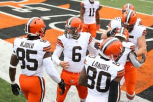 Cleveland Browns quarterback Baker Mayfield (6) reacts with his teammates after a Browns touchdown during the game against the Cleveland Browns and the Cincinnati Bengals on October 25, 2020, at Paul Brown Stadium in Cincinnati, OH.