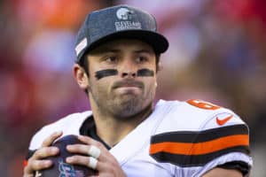 Cleveland Browns quarterback Baker Mayfield (6) during the NFL regular season football game against the San Francisco 49ers on Monday, Oct. 7, 2019 at Levi's Stadium in Santa Clara, Calif.