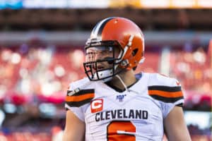 Cleveland Browns quarterback Baker Mayfield (6) during the NFL regular season football game against the San Francisco 49ers on Monday, Oct. 7, 2019 at Levi's Stadium in Santa Clara, Calif.