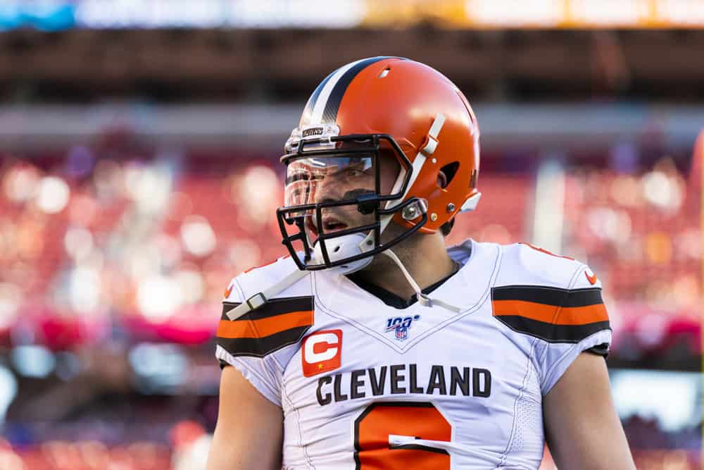 Cleveland Browns quarterback Baker Mayfield (6) during the NFL regular season football game against the San Francisco 49ers on Monday, Oct. 7, 2019 at Levi's Stadium in Santa Clara, Calif. 