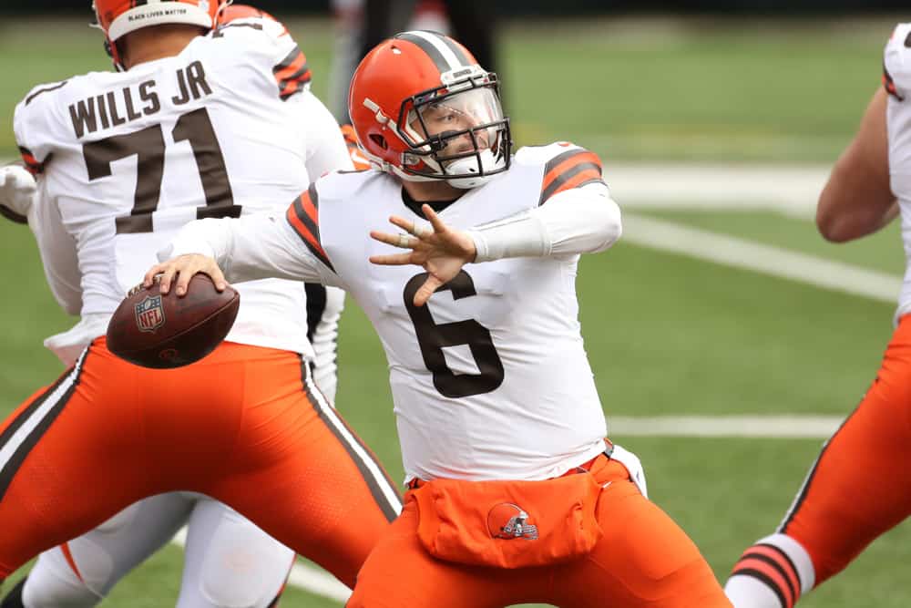 Cleveland Browns quarterback Baker Mayfield (6) passes the ball during the game against the Cleveland Browns and the Cincinnati Bengals on October 25, 2020, at Paul Brown Stadium in Cincinnati, OH.