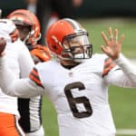 Cleveland Browns quarterback Baker Mayfield (6) passes the ball during the game against the Cleveland Browns and the Cincinnati Bengals on October 25, 2020, at Paul Brown Stadium in Cincinnati, OH.