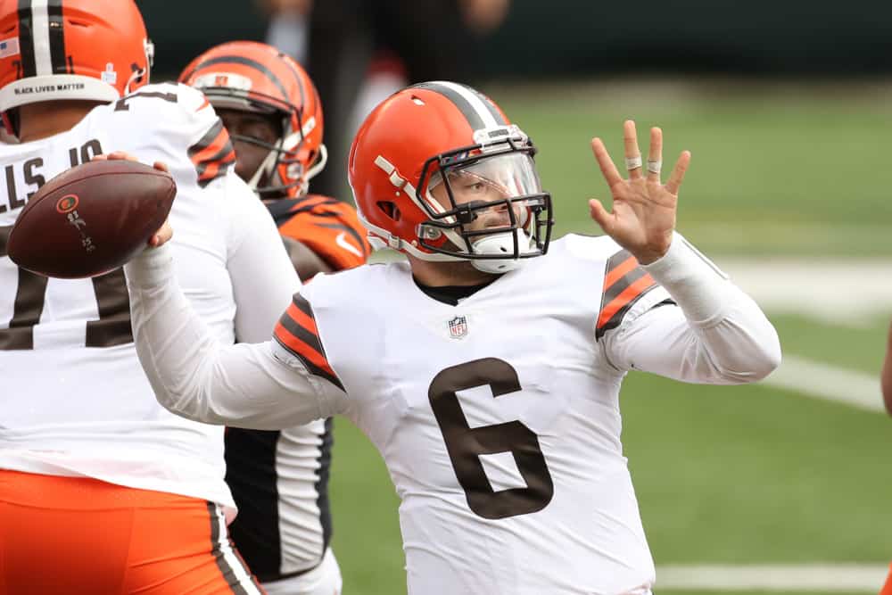 Cleveland Browns quarterback Baker Mayfield (6) passes the ball during the game against the Cleveland Browns and the Cincinnati Bengals on October 25, 2020, at Paul Brown Stadium in Cincinnati, OH.