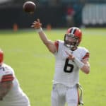 Cleveland Browns Quarterback Baker Mayfield (6) throws a pass during the game between the Cleveland Browns and the Jacksonville Jaguars on November 29, 2020 at TIAA Bank Field in Jacksonville, Fl.