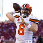 Cleveland Browns quarterback Baker Mayfield (6) throws during the NFL regular season football game against the San Francisco 49ers on Monday, Oct. 7, 2019 at Levi's Stadium in Santa Clara, Calif.