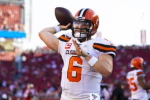 Cleveland Browns quarterback Baker Mayfield (6) throws during the NFL regular season football game against the San Francisco 49ers on Monday, Oct. 7, 2019 at Levi's Stadium in Santa Clara, Calif.