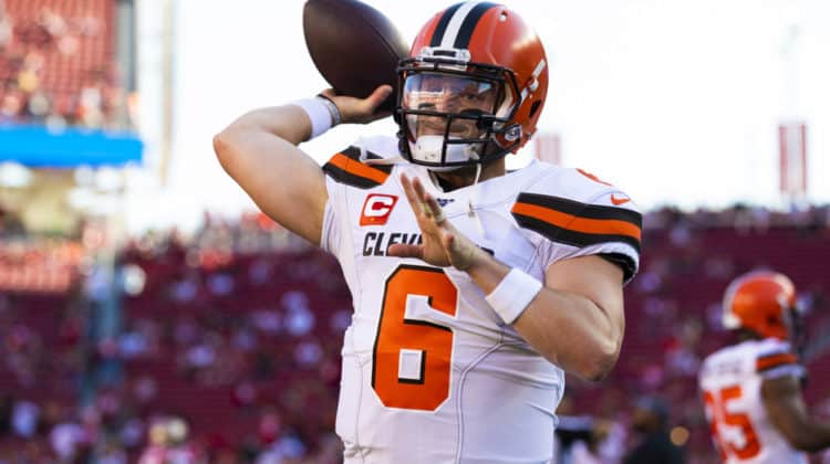 Cleveland Browns quarterback Baker Mayfield (6) throws during the NFL regular season football game against the San Francisco 49ers on Monday, Oct. 7, 2019 at Levi's Stadium in Santa Clara, Calif.