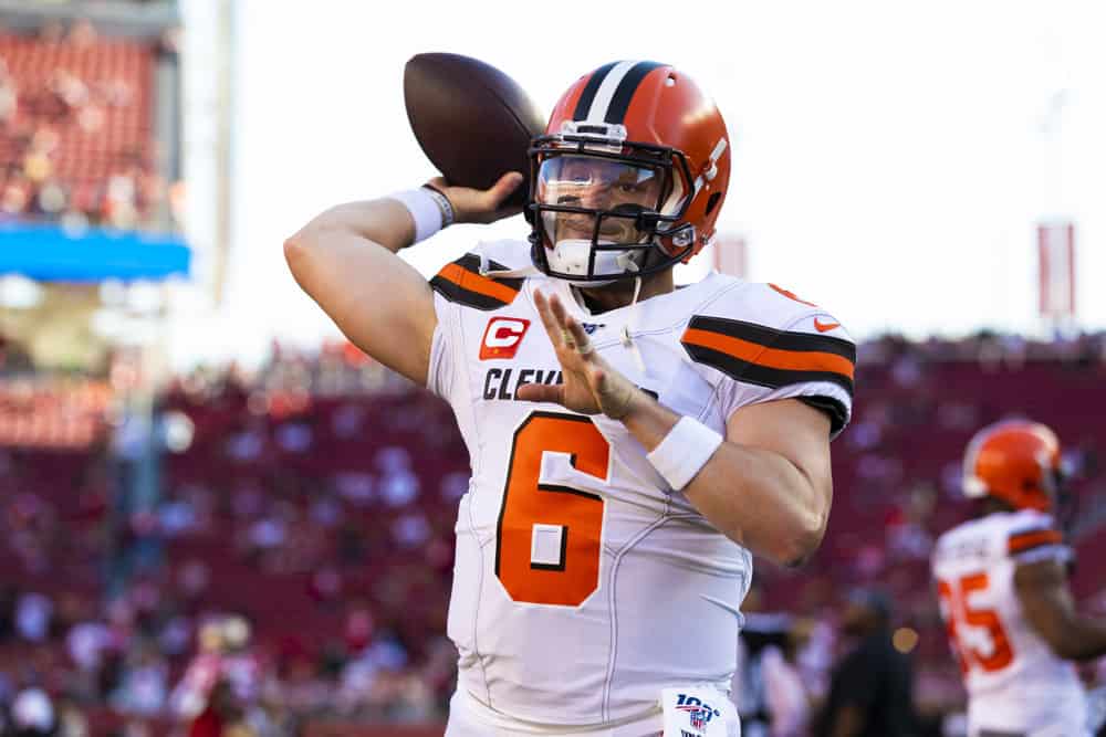 Cleveland Browns quarterback Baker Mayfield (6) throws during the NFL regular season football game against the San Francisco 49ers on Monday, Oct. 7, 2019 at Levi's Stadium in Santa Clara, Calif. 