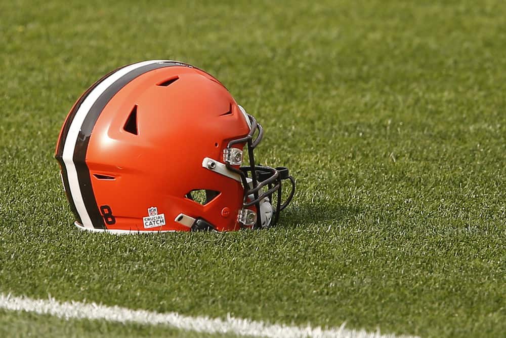 A Cleveland Browns helmet sits on the turf prior to a NFL game between the Indianapolis Colts and the Cleveland Browns on October11, 2020 at FirstEnergy Stadium in Cleveland, OH.