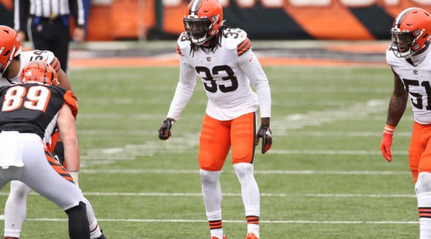 Cleveland Browns defensive back Ronnie Harrison (33) in action during the game against the Cleveland Browns and the Cincinnati Bengals on October 25, 2020, at Paul Brown Stadium in Cincinnati, OH.