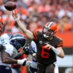 Cleveland Browns quarterback Baker Mayfield (6) throws a pass during the fourth quarter of the National Football League game between the Tennessee Titans and Cleveland Browns on September 8, 2019, at FirstEnergy Stadium in Cleveland, OH.
