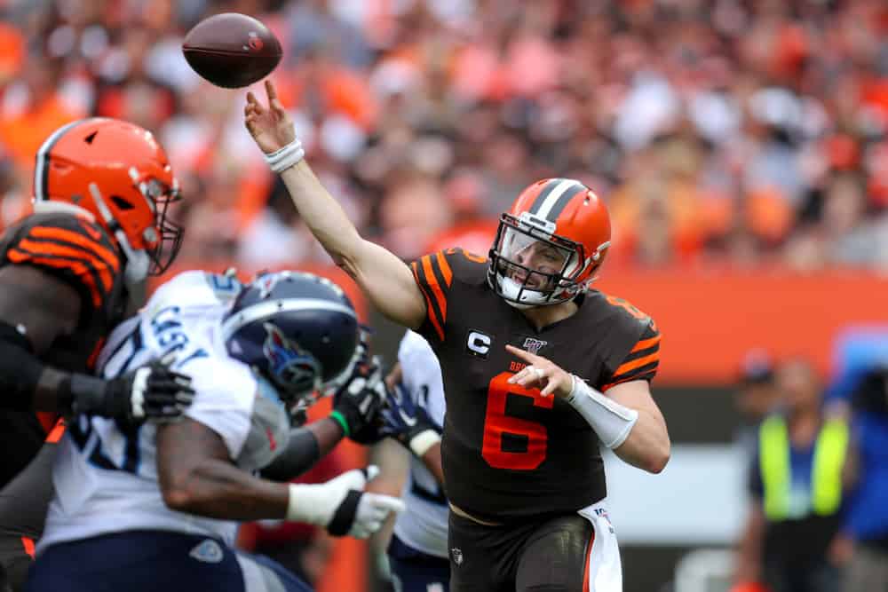 Cleveland Browns quarterback Baker Mayfield (6) throws a pass during the fourth quarter of the National Football League game between the Tennessee Titans and Cleveland Browns on September 8, 2019, at FirstEnergy Stadium in Cleveland, OH. 